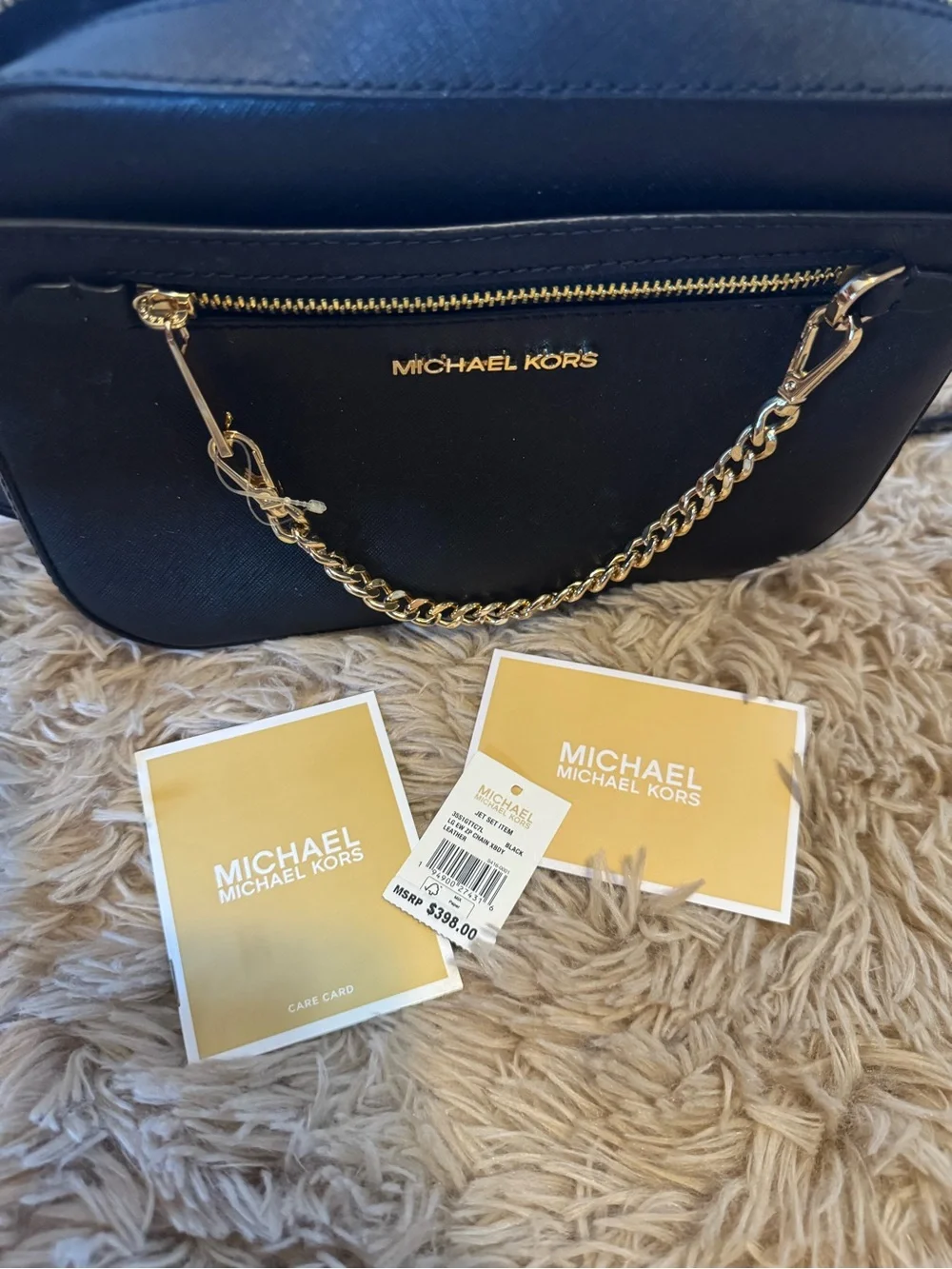 Michael Kors Black Crossbody Camera Bag with Gold Chain Accent